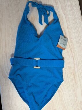 Shade & Shore Bright Blue Halter One-Piece Swimsuit with Belt